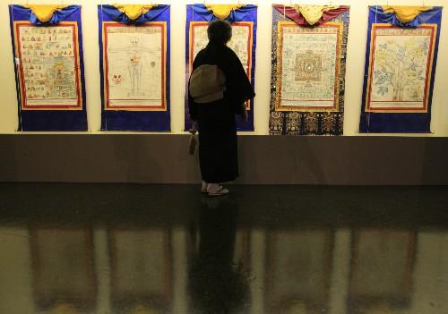 7月11日，觀眾在日本北海道近代美術(shù)館舉行的“圣地西藏珍寶展”上觀看關(guān)于醫(yī)學的唐卡。當天，介紹西藏文化藝術(shù)的“圣地西藏珍寶展”在北海道首府札幌開幕。展覽展出了中國西藏自治區(qū)博物館和布達拉宮等地珍藏的123件珍貴文物，其中包括36件國家一級文物。札幌的展出將持續(xù)到8月23日，之后還將在東京、大阪和仙臺進行巡回展出。 新華社記者任正來攝
