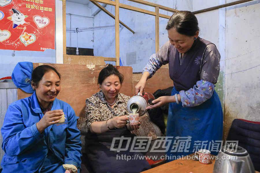 多永在給大家倒茶。坐在最左邊的是扎桑，46歲，達(dá)孜縣人。她在地毯廠從事倒線球的工作，跟大家都是多年的好姐妹。