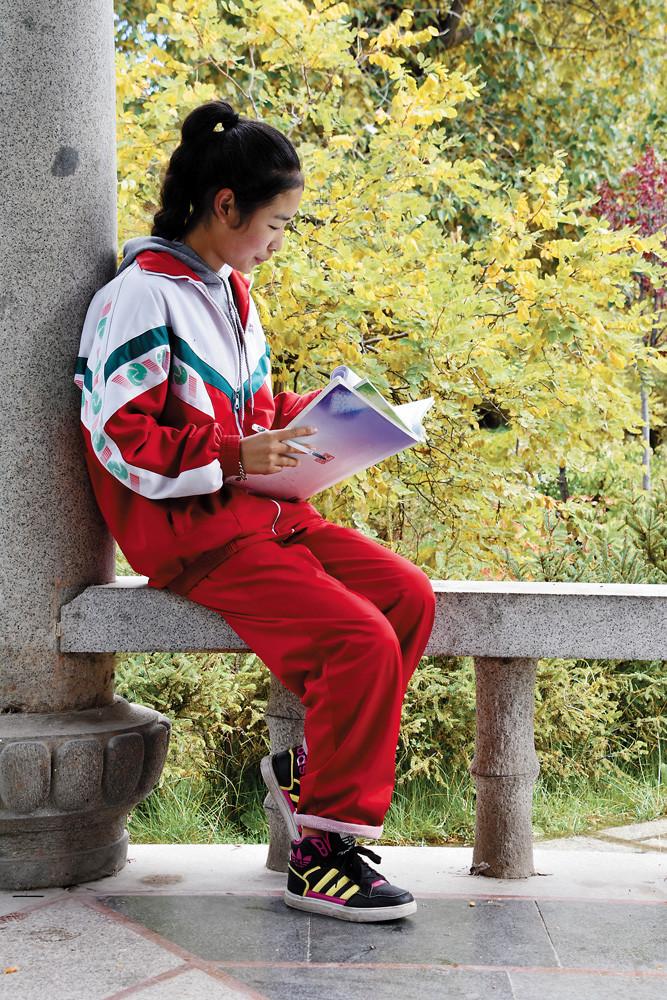 拉薩中學的一位學生在校園里看書。 記者 格桑倫珠 潘多 攝